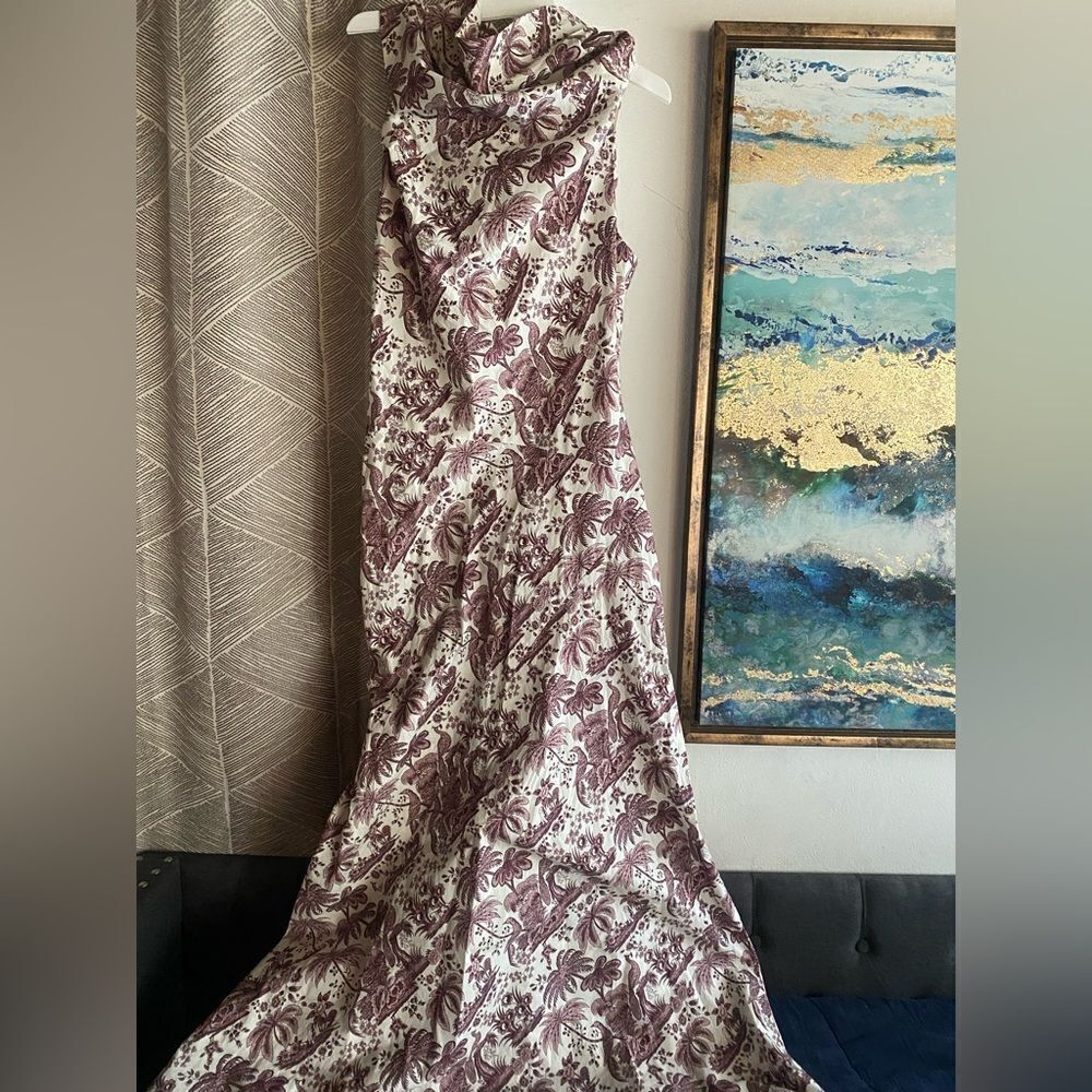 Staud Maxi Dress Cowl Neck White Brown Paisley Sz 4 Sleeveless Mermaid Cut